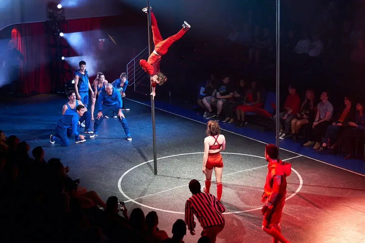 A pole dancer performs upside down on a vertical pole in a circular stage area while spectators watch from the background.