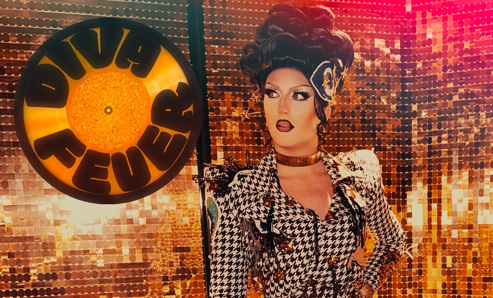 Circular sign with the text "VIVA FEUER" illuminated in yellow and black, next to a person with dramatic makeup and a checkered outfit.