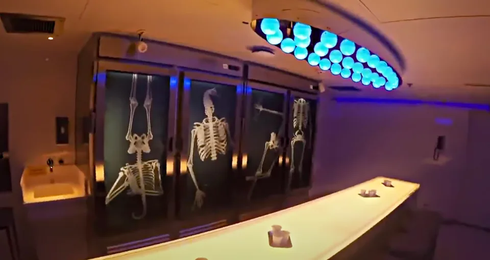Interior image of a room with a long illuminated table, blue circular ceiling lights, and skeleton illustrations on the wall.