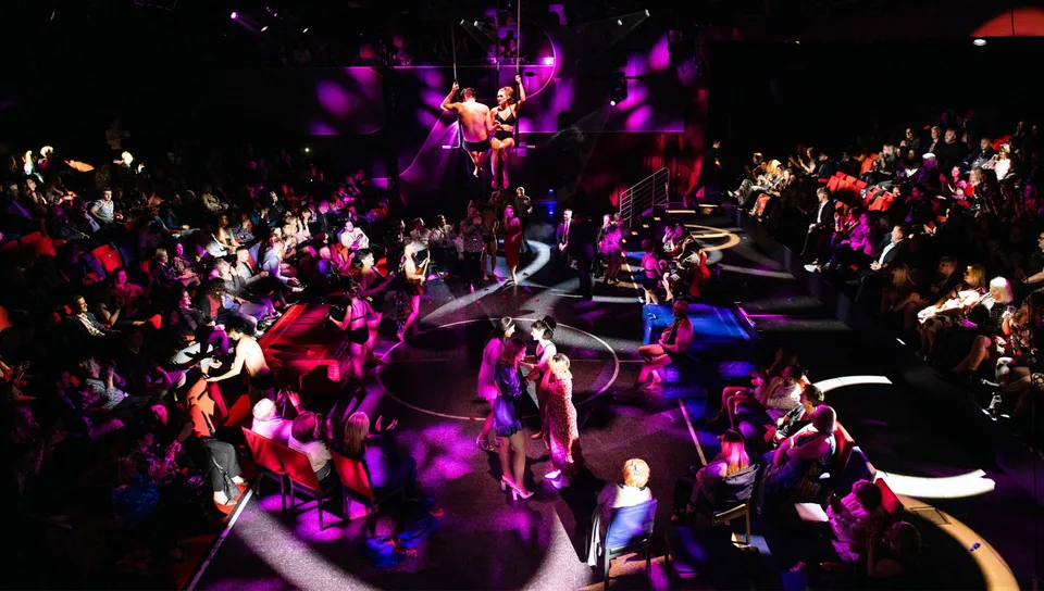 Aerial acrobats perform on a suspended hoop above a seated audience under colorful stage lighting.