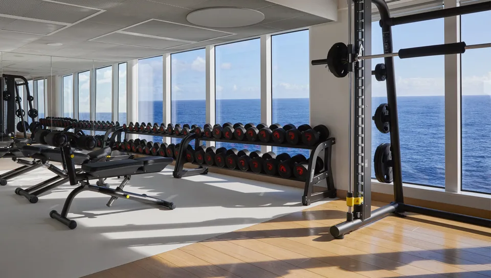 Gym area on a ship with dumbbells and weightlifting equipment in front of large windows overlooking the ocean.