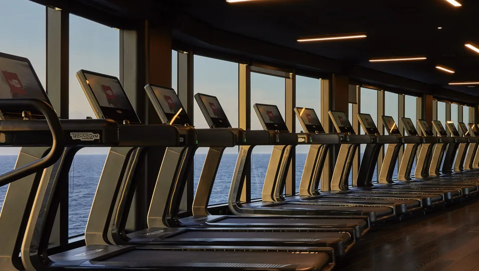 Row of treadmills inside a gym with large windows showing a view of the ocean outside.