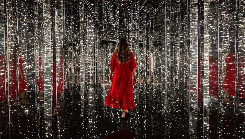 A person in a red dress walks through a hallway surrounded by mirrored walls and ceiling with numerous small lights, creating a sparkling effect.
